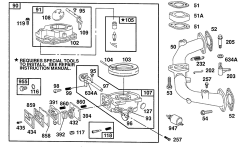 Carburetor Assembly,manifold Diagram and Parts List for 400707-0102-XX  Briggs and Stratton Engine